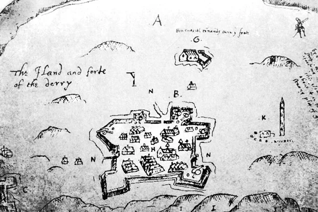 The land and fort of Derry, mapped in 1600 — the settlement O’Doherty’s forces burned in 1608. Representative context visual from the cited source.