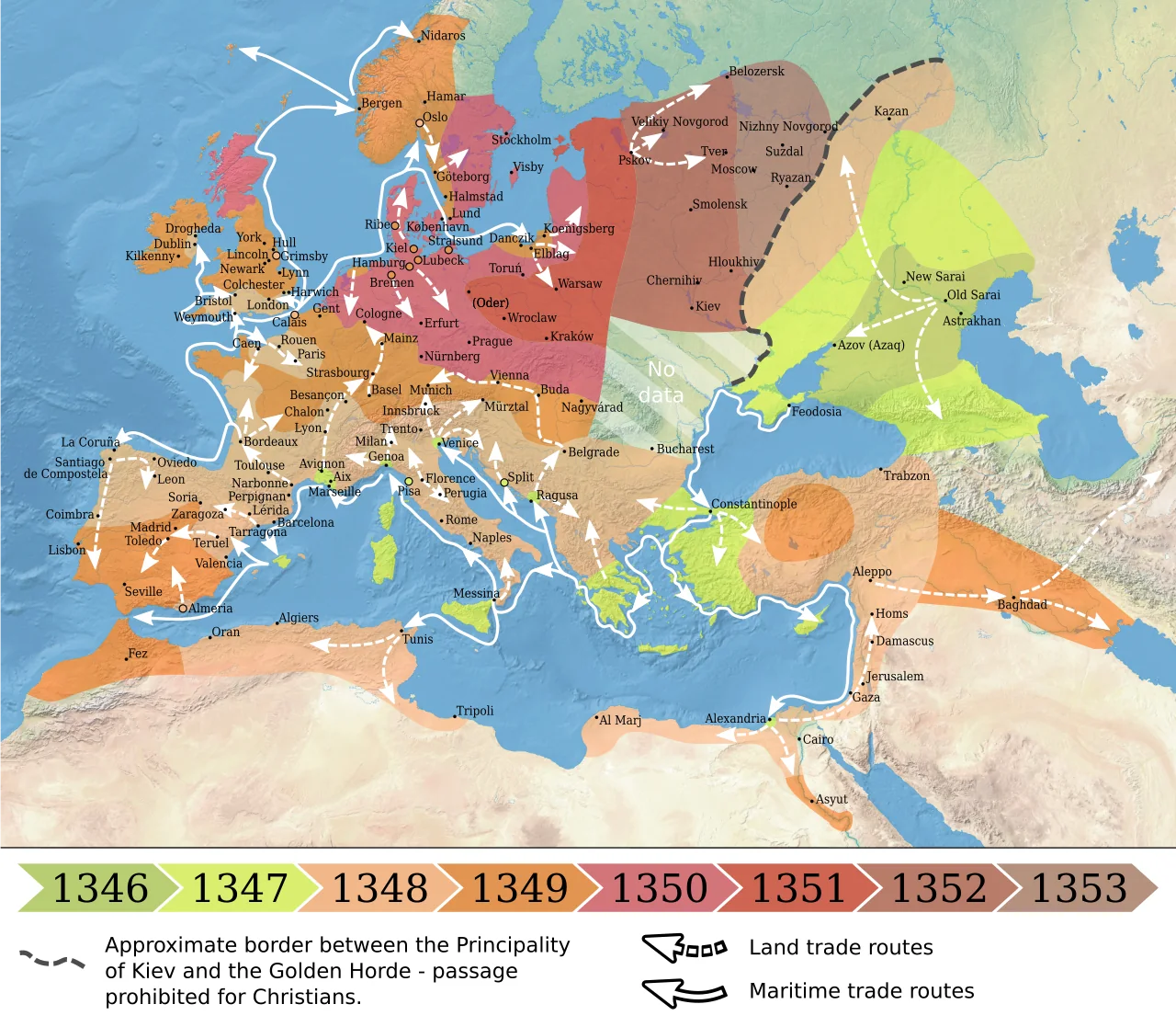 1346 1353 spread of the Black Death in Europe map.svg — representative context visual. Shown from the cited image source.