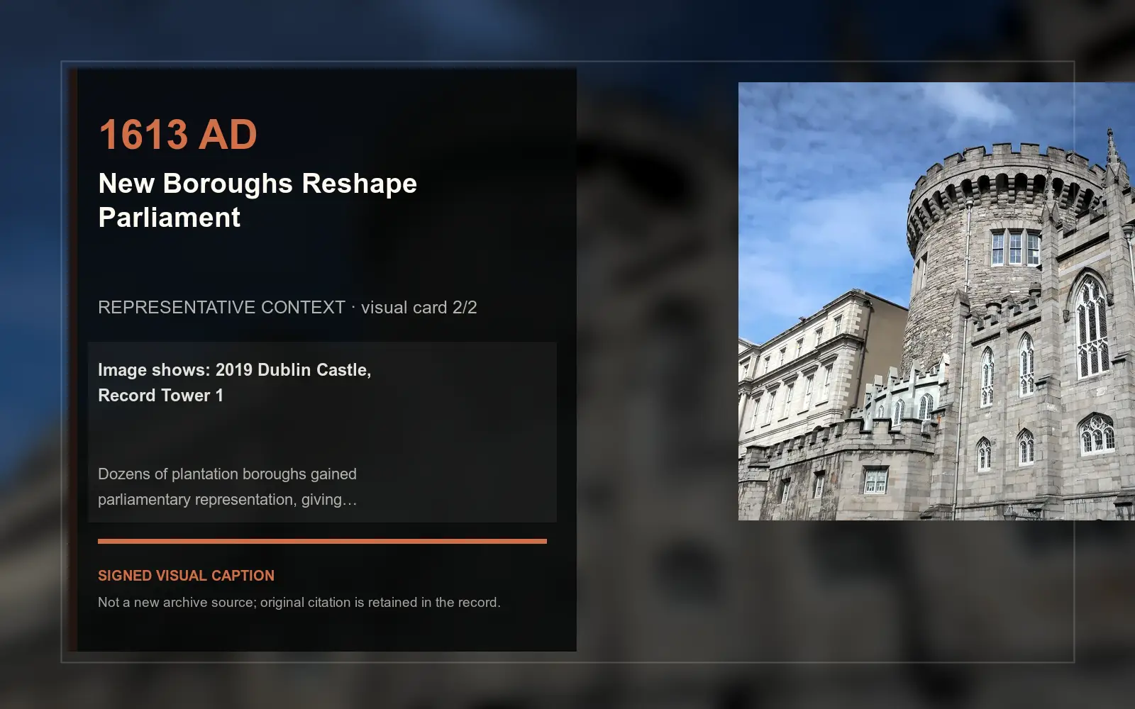 2019 Dublin Castle, Record Tower 1 — representative context visual. Event-specific signed card derived from the cited source.
