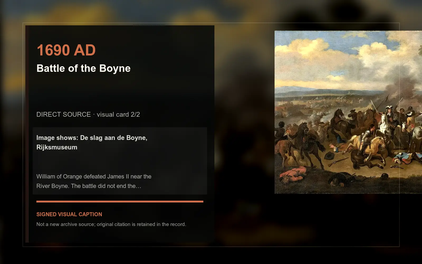 De slag aan de Boyne, Rijksmuseum — direct archive visual. Event-specific signed card derived from the cited source.