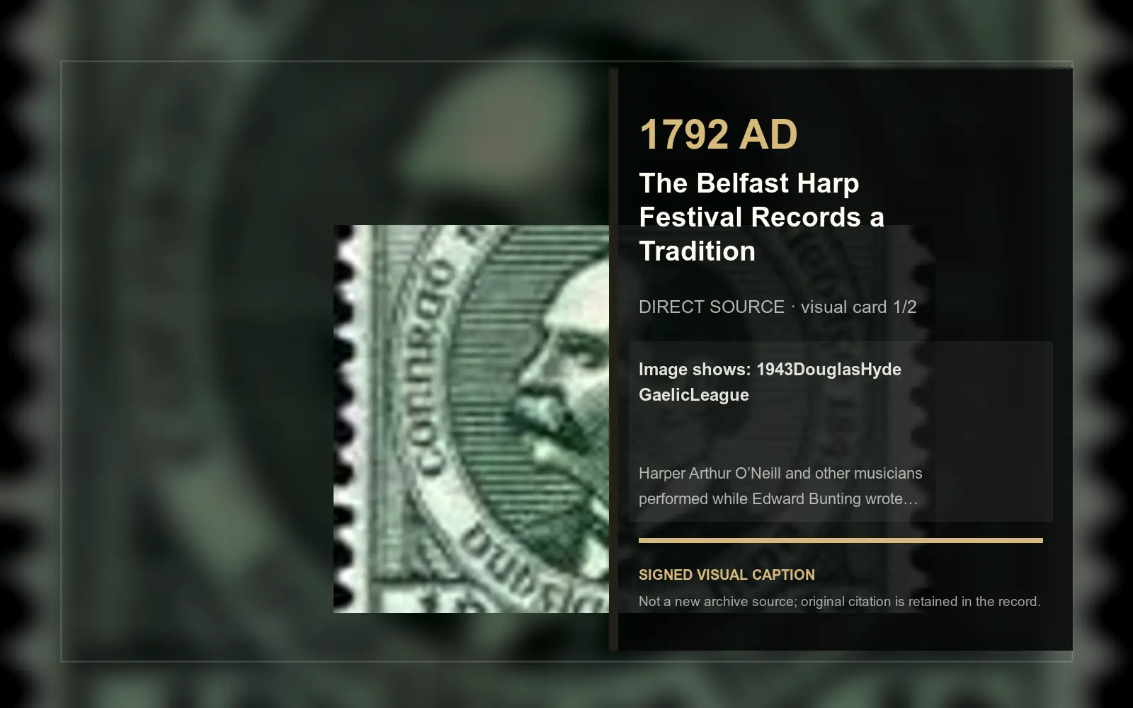 1943DouglasHyde GaelicLeague — direct archive visual. Event-specific signed card derived from the cited source.