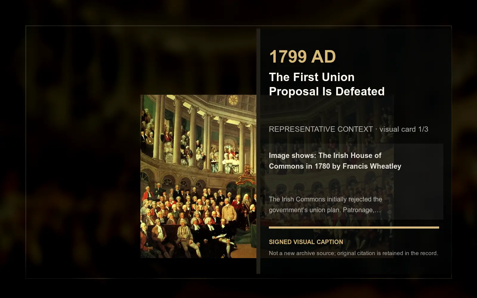 The Irish House of Commons in 1780 by Francis Wheatley — representative context visual. Event-specific signed card derived from the cited source.