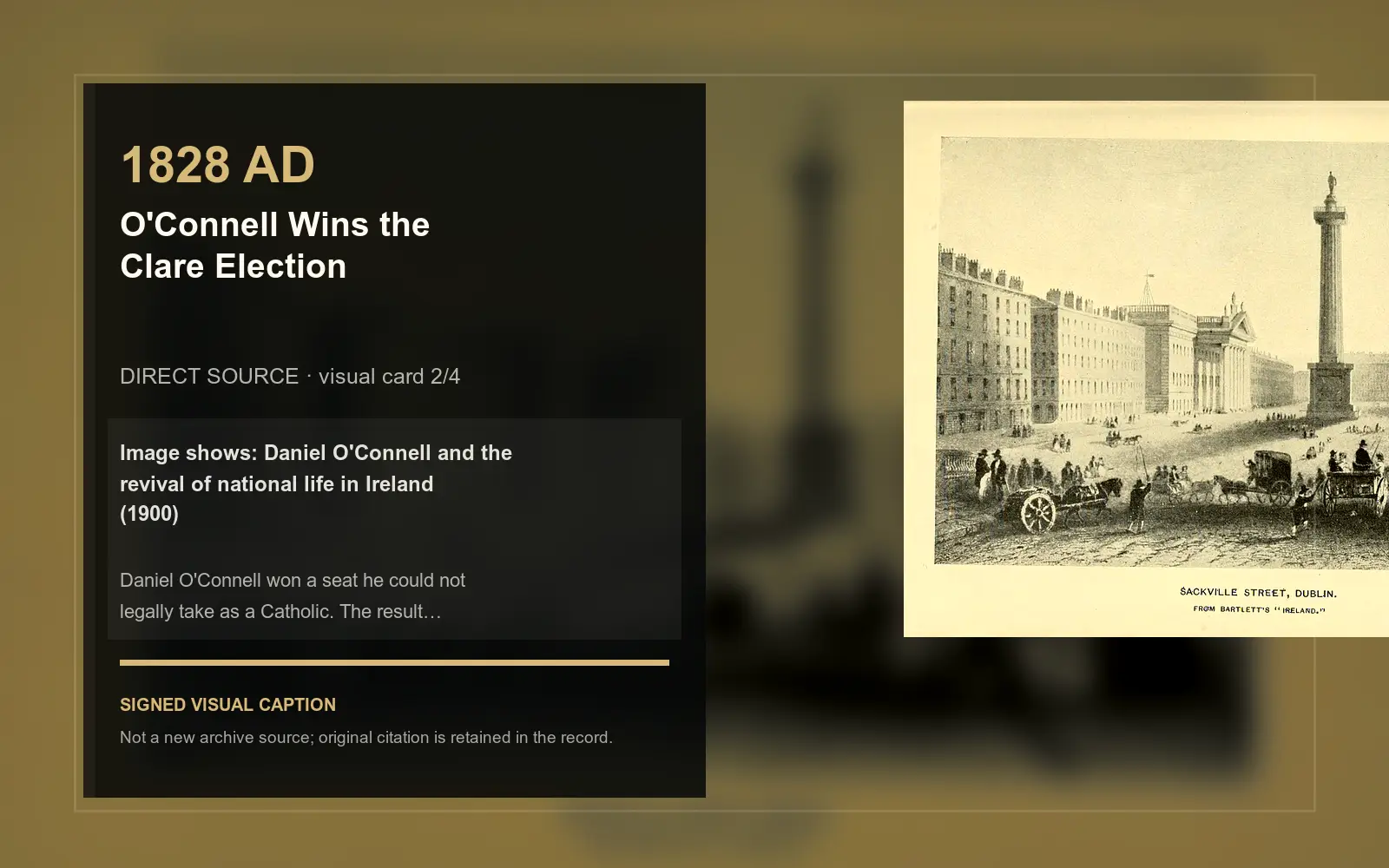 Daniel O'Connell and the revival of national life in Ireland (1900) — direct archive visual. Event-specific signed card derived from the cited source.