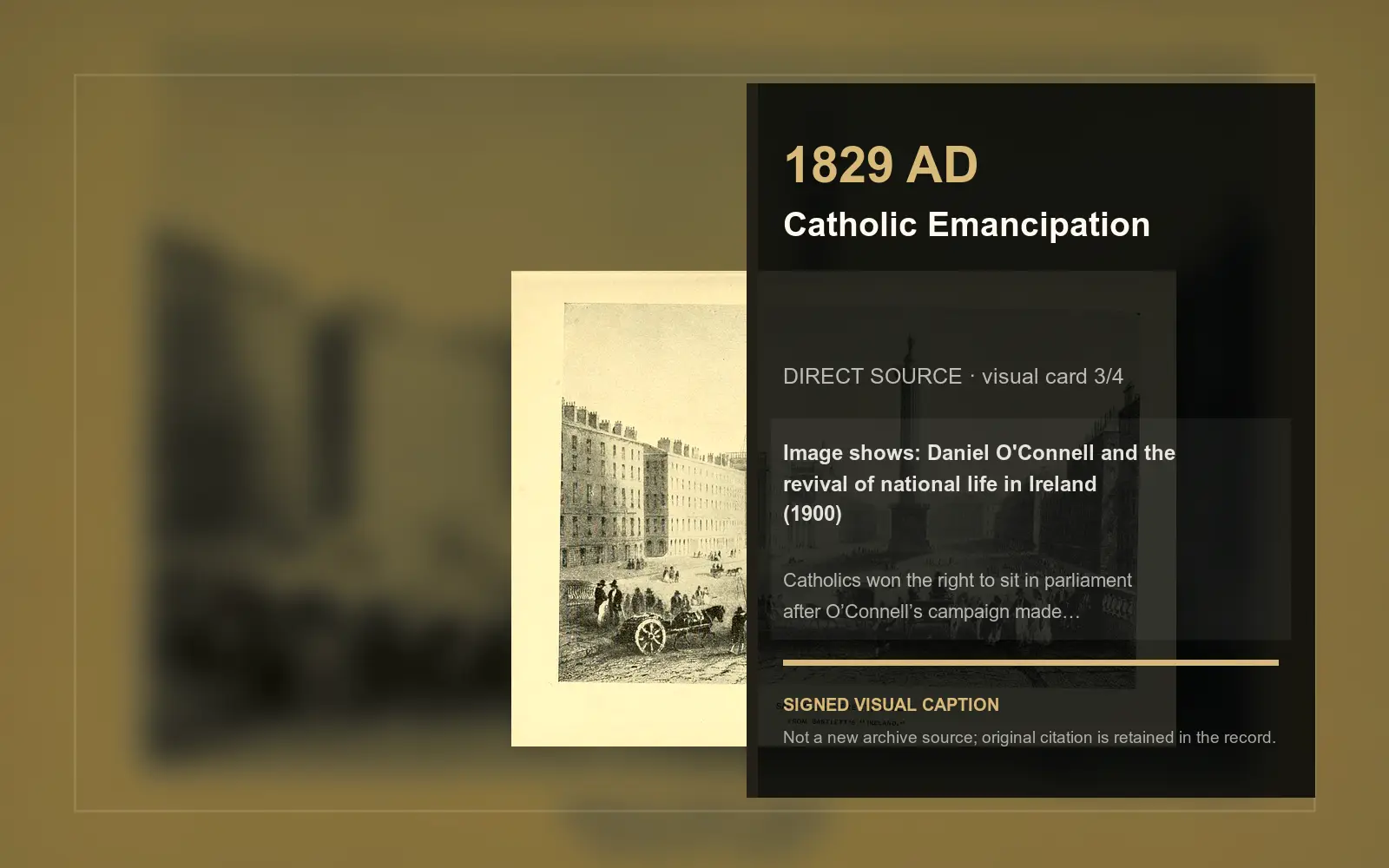 Daniel O'Connell and the revival of national life in Ireland (1900) — direct archive visual. Event-specific signed card derived from the cited source.