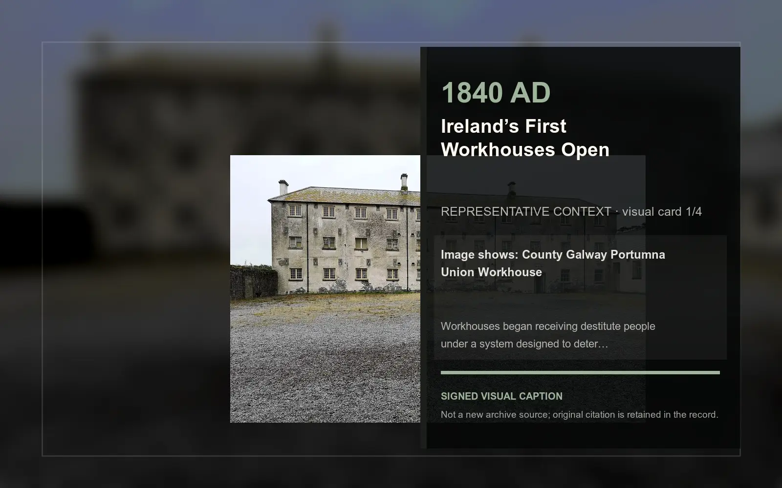 County Galway Portumna Union Workhouse — representative context visual. Event-specific signed card derived from the cited source.