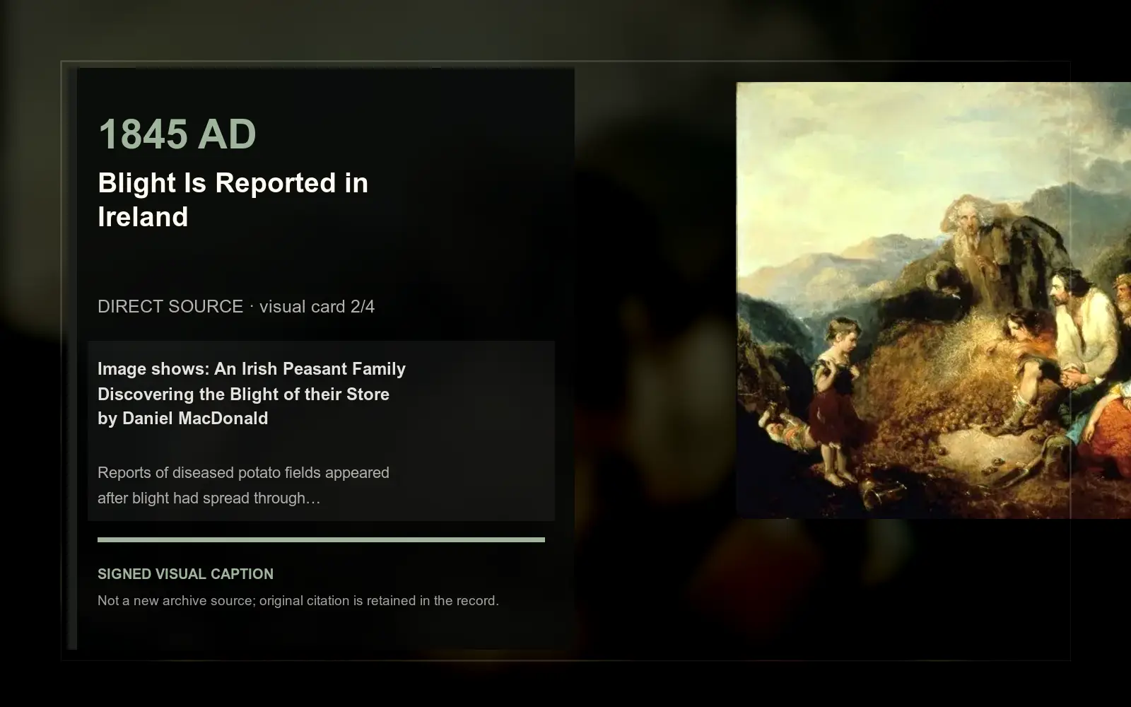 An Irish Peasant Family Discovering the Blight of their Store by Daniel MacDonald — direct archive visual. Event-specific signed card derived from the cited source.