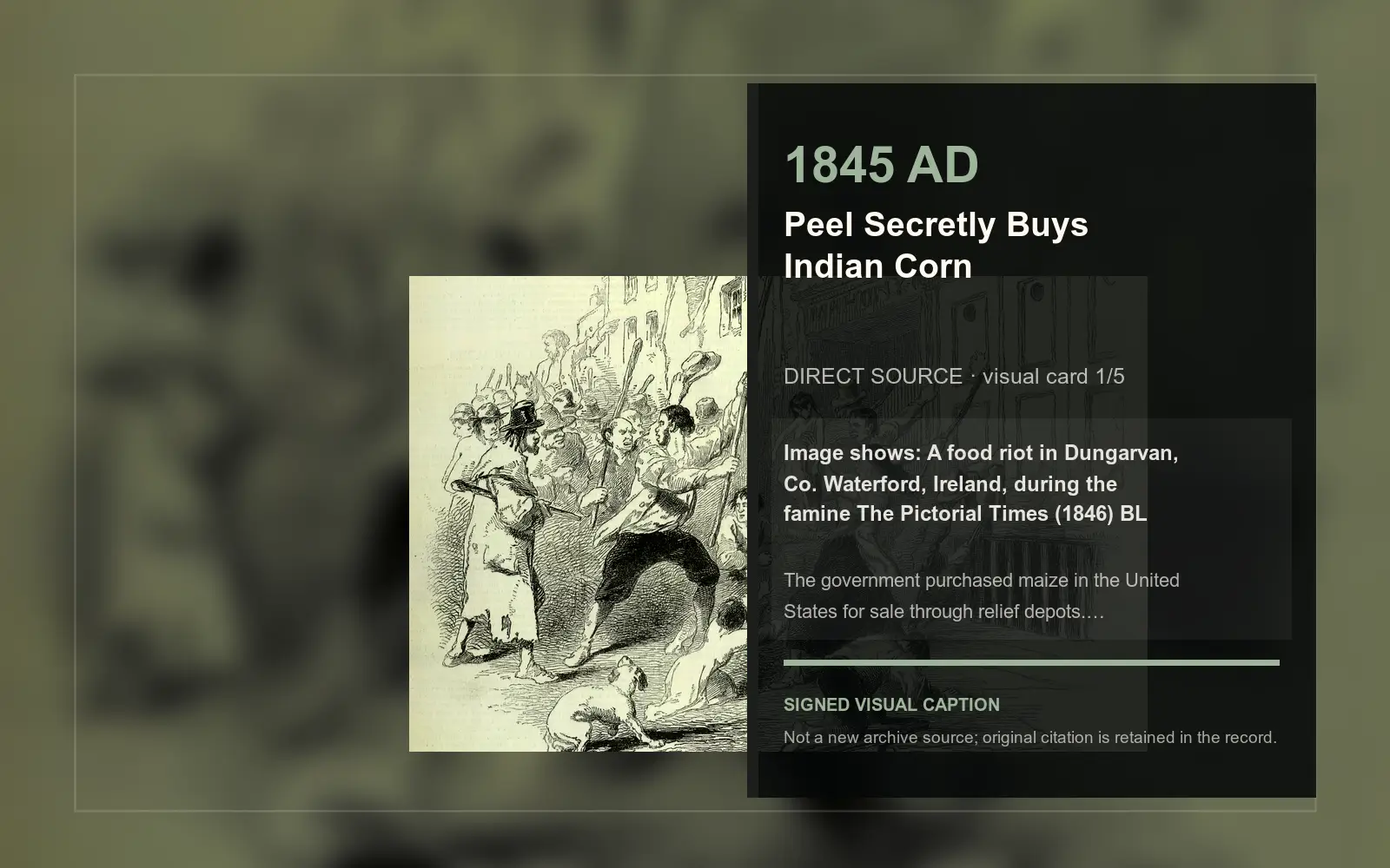 A food riot in Dungarvan, Co. Waterford, Ireland, during the famine The Pictorial Times… — direct archive visual. Event-specific signed card derived from the cited source.