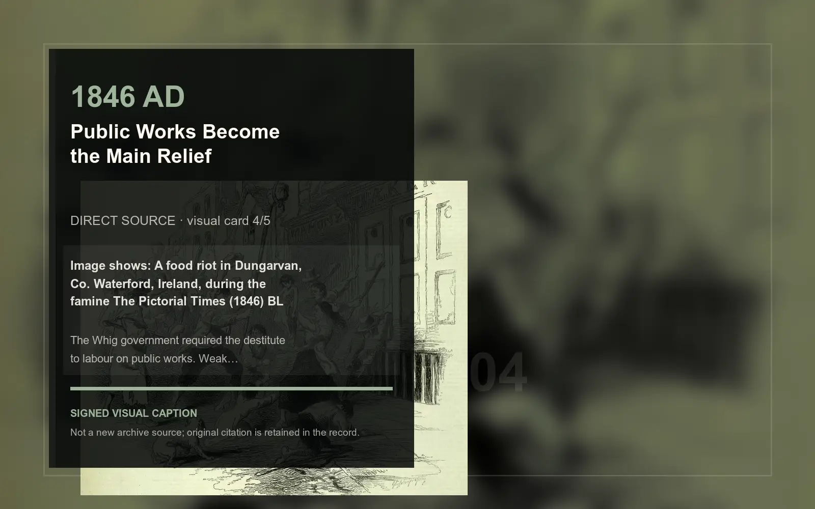 A food riot in Dungarvan, Co. Waterford, Ireland, during the famine The Pictorial Times… — direct archive visual. Event-specific signed card derived from the cited source.
