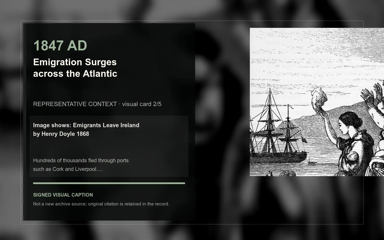 Emigrants Leave Ireland by Henry Doyle 1868 — representative context visual. Event-specific signed card derived from the cited source.