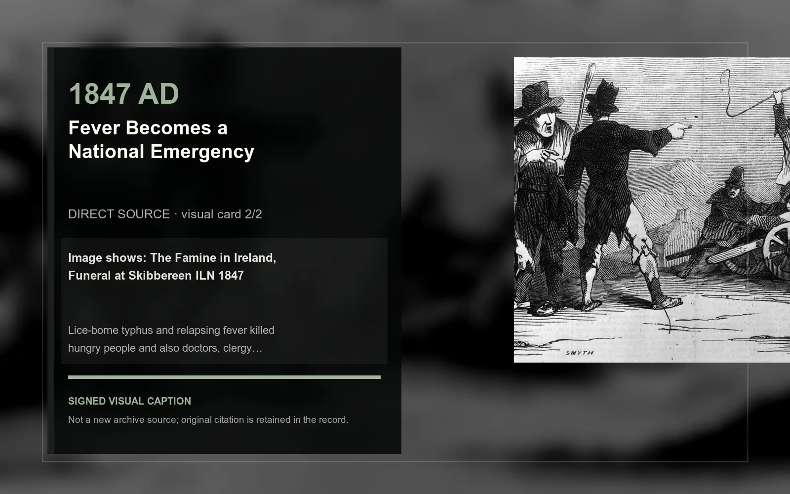 The Famine in Ireland, Funeral at Skibbereen ILN 1847 — direct archive visual. Event-specific signed card derived from the cited source.