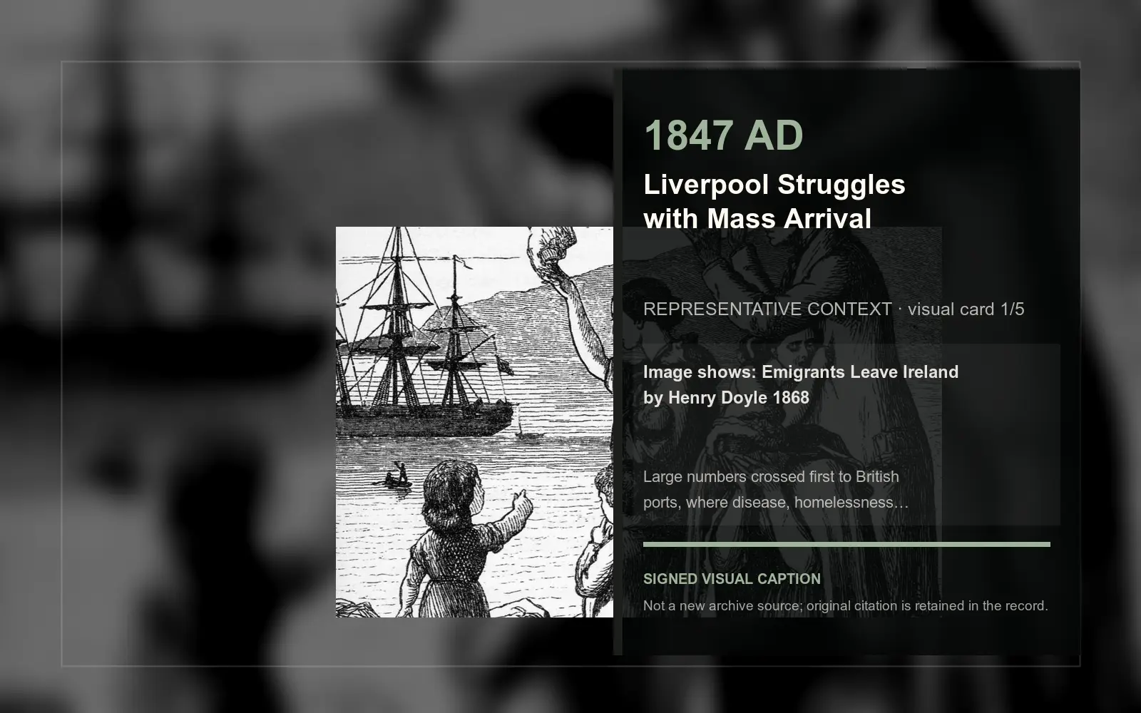 Emigrants Leave Ireland by Henry Doyle 1868 — representative context visual. Event-specific signed card derived from the cited source.