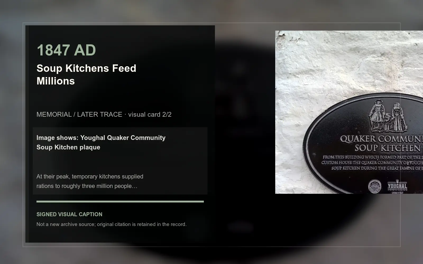 Youghal Quaker Community Soup Kitchen plaque — later memorial or aftermath visual. Event-specific signed card derived from the cited source.