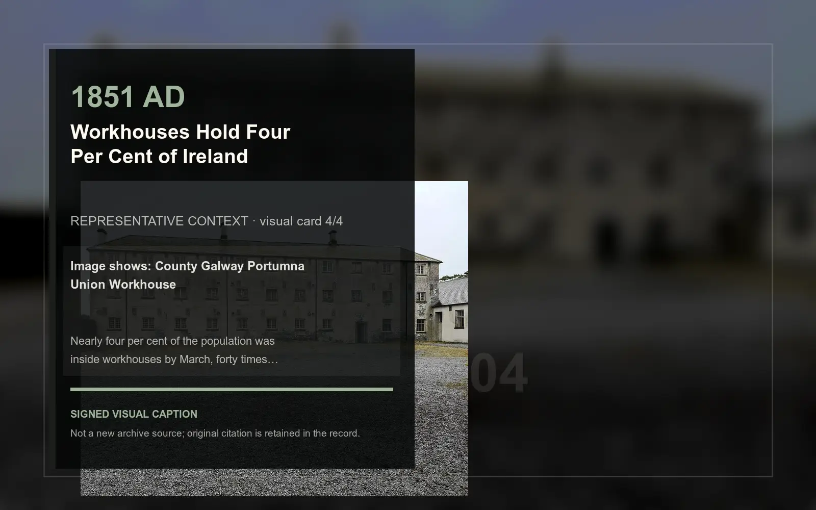 County Galway Portumna Union Workhouse — representative context visual. Event-specific signed card derived from the cited source.