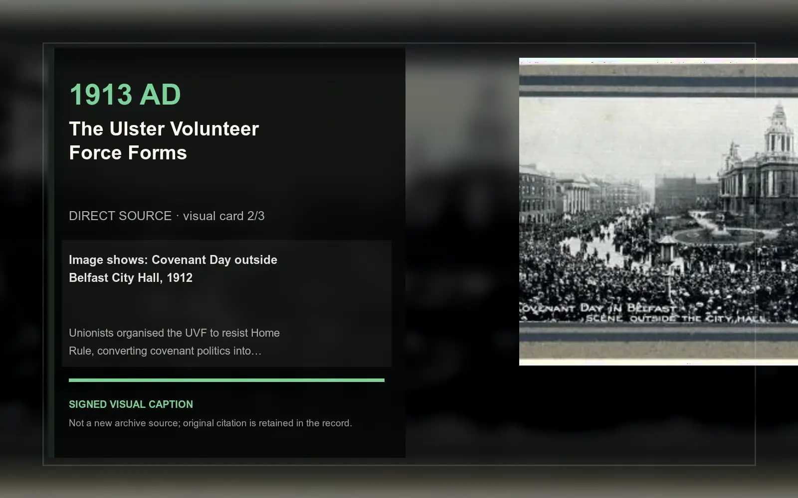 Covenant Day outside Belfast City Hall, 1912 — direct archive visual. Event-specific signed card derived from the cited source.