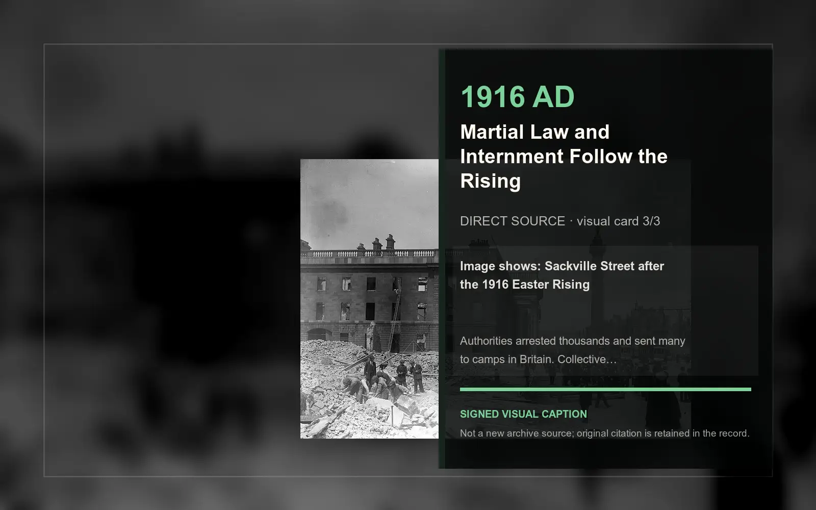 Sackville Street after the 1916 Easter Rising — direct archive visual. Event-specific signed card derived from the cited source.