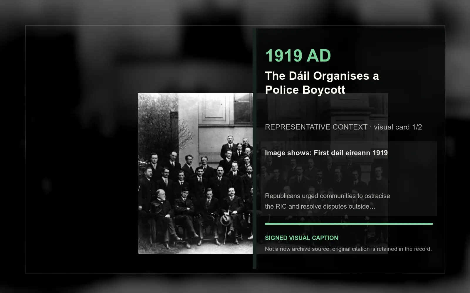 First dail eireann 1919 — representative context visual. Event-specific signed card derived from the cited source.