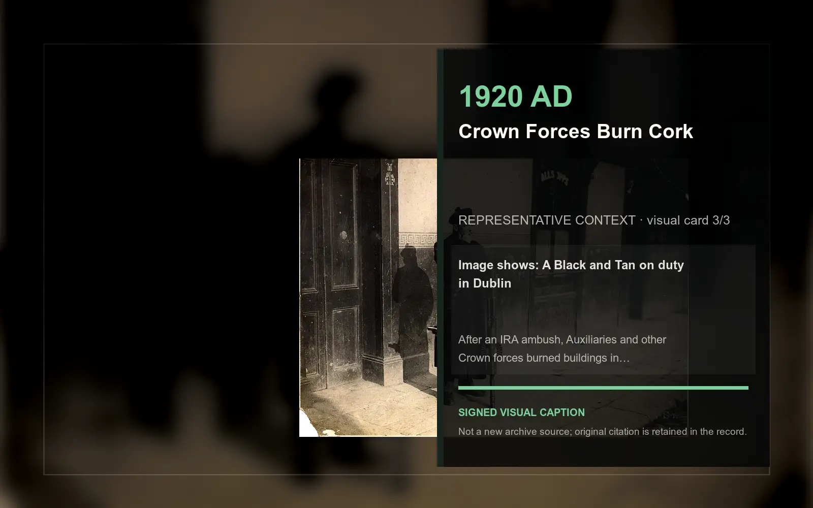 A Black and Tan on duty in Dublin — representative context visual. Event-specific signed card derived from the cited source.