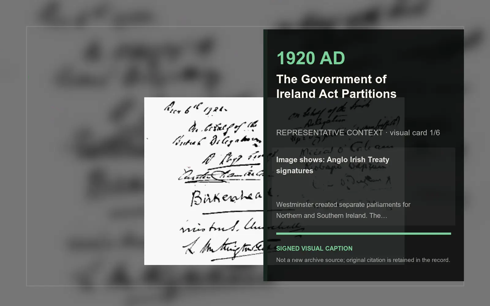 Anglo Irish Treaty signatures — representative context visual. Event-specific signed card derived from the cited source.