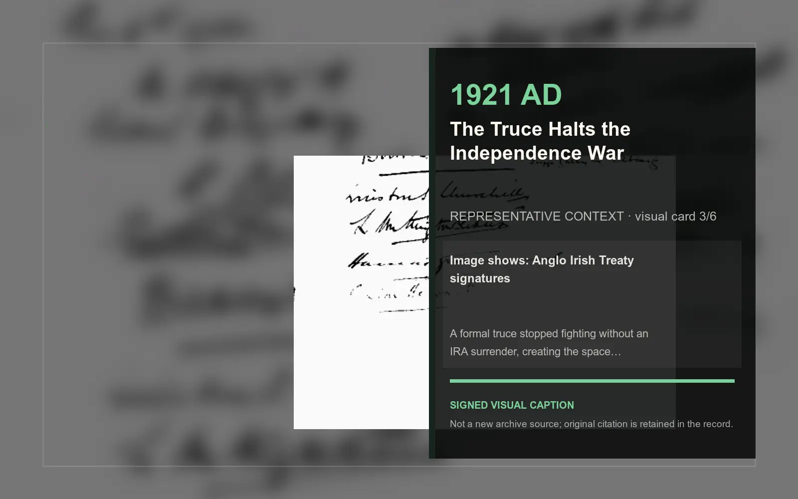 Anglo Irish Treaty signatures — representative context visual. Event-specific signed card derived from the cited source.
