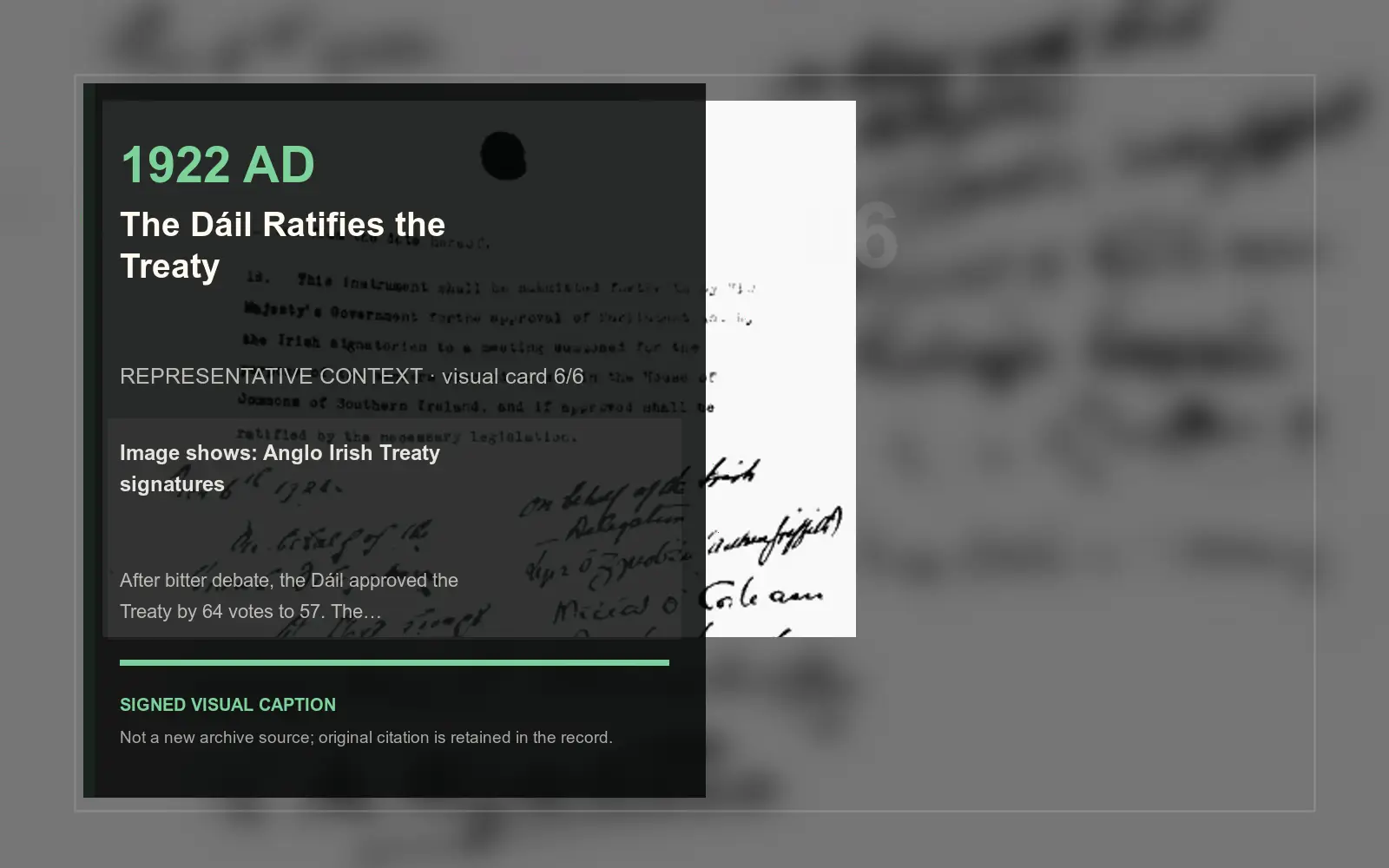 Anglo Irish Treaty signatures — representative context visual. Event-specific signed card derived from the cited source.