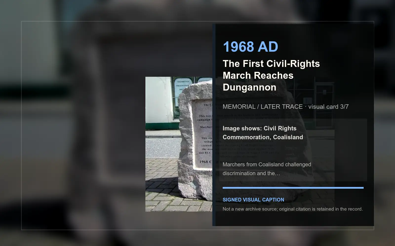 Civil Rights Commemoration, Coalisland — later memorial or aftermath visual. Event-specific signed card derived from the cited source.