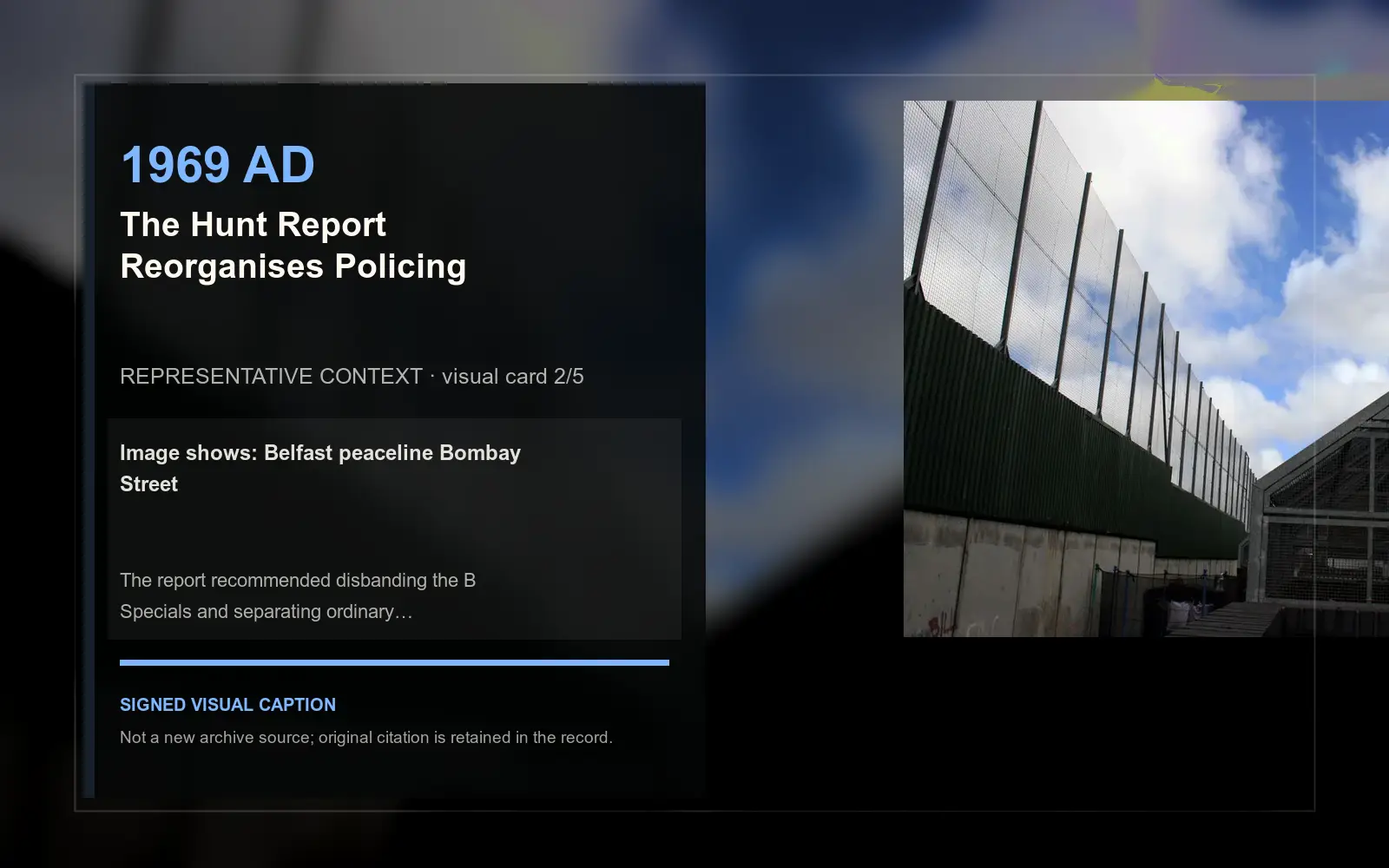 Belfast peaceline Bombay Street — representative context visual. Event-specific signed card derived from the cited source.