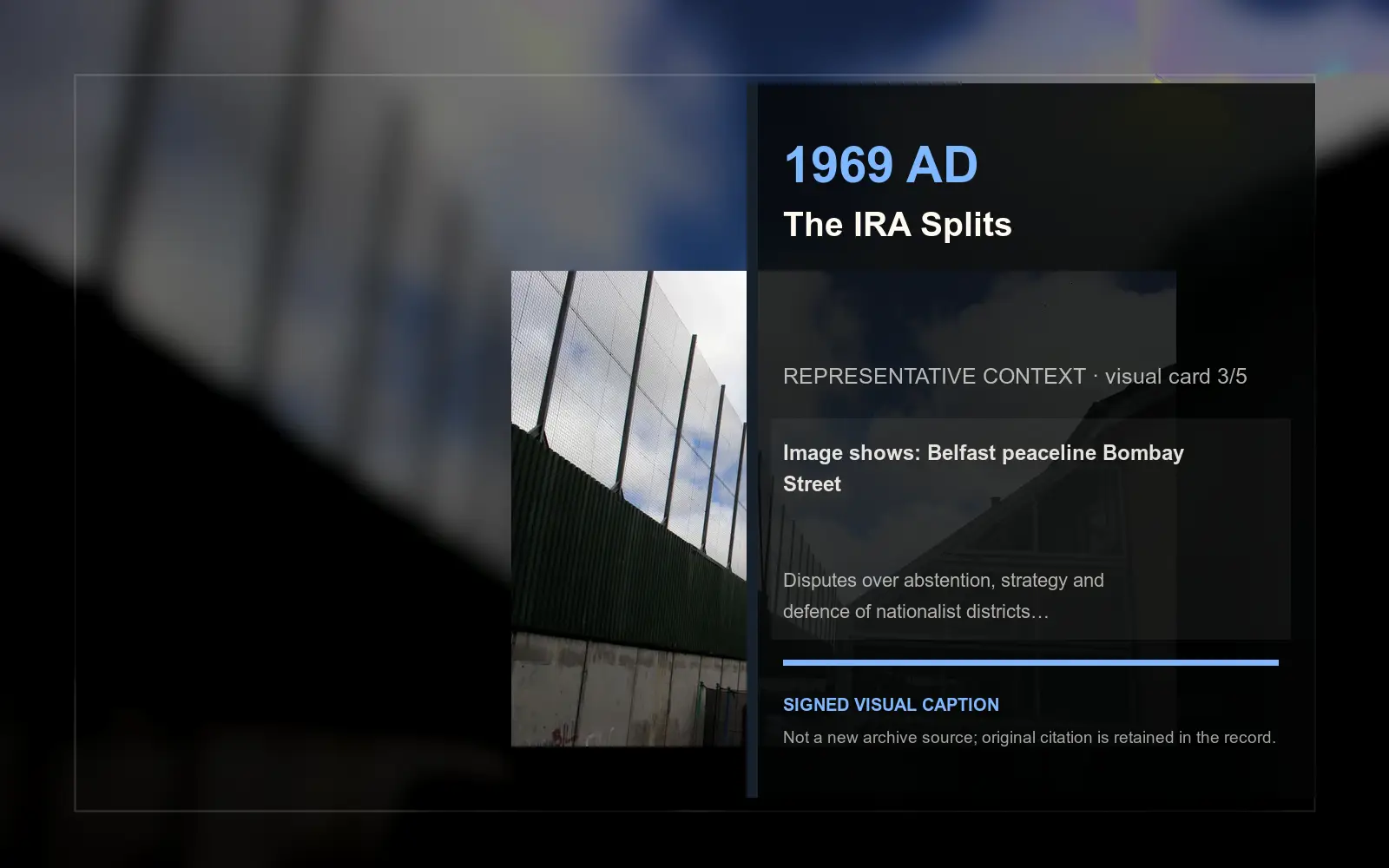 Belfast peaceline Bombay Street — representative context visual. Event-specific signed card derived from the cited source.