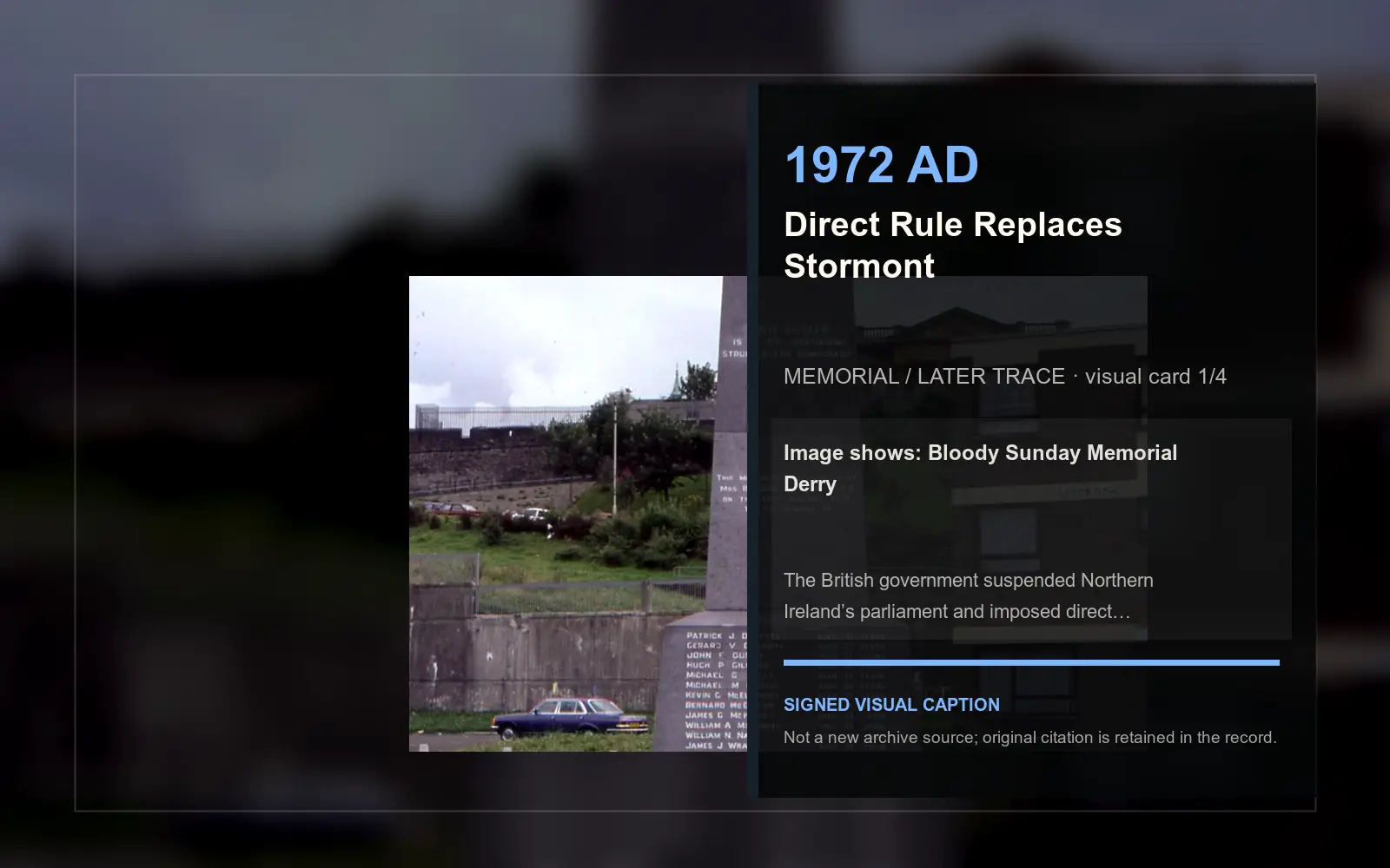Bloody Sunday Memorial Derry — later memorial or aftermath visual. Event-specific signed card derived from the cited source.