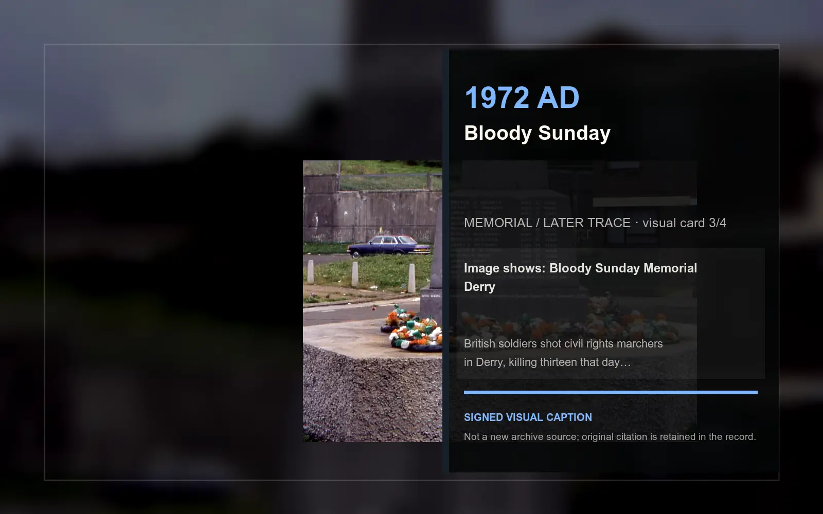 Bloody Sunday Memorial Derry — later memorial or aftermath visual. Event-specific signed card derived from the cited source.