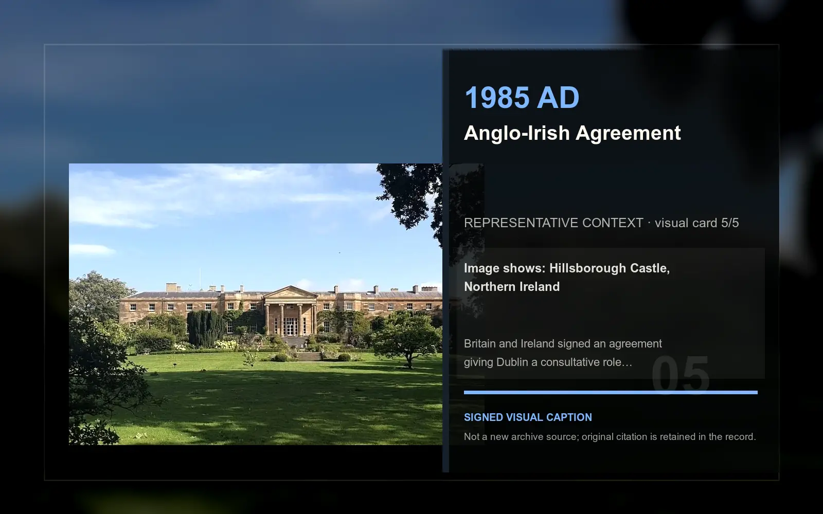 Hillsborough Castle, Northern Ireland — representative context visual. Event-specific signed card derived from the cited source.