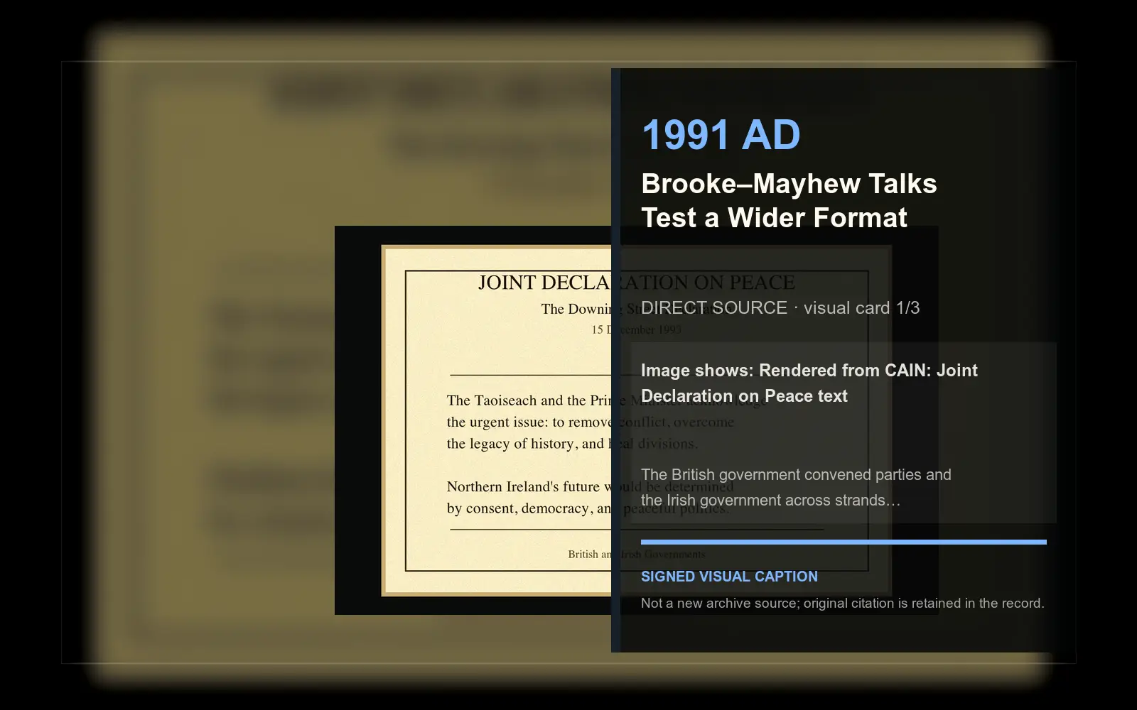 Rendered from CAIN: Joint Declaration on Peace text — direct archive visual. Event-specific signed card derived from the cited source.