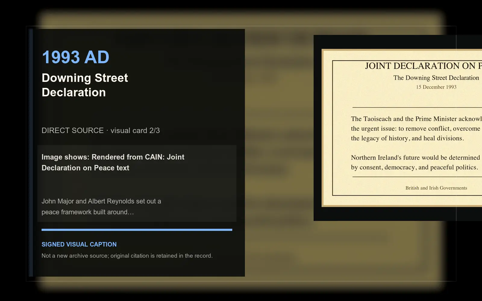 Rendered from CAIN: Joint Declaration on Peace text — direct archive visual. Event-specific signed card derived from the cited source.