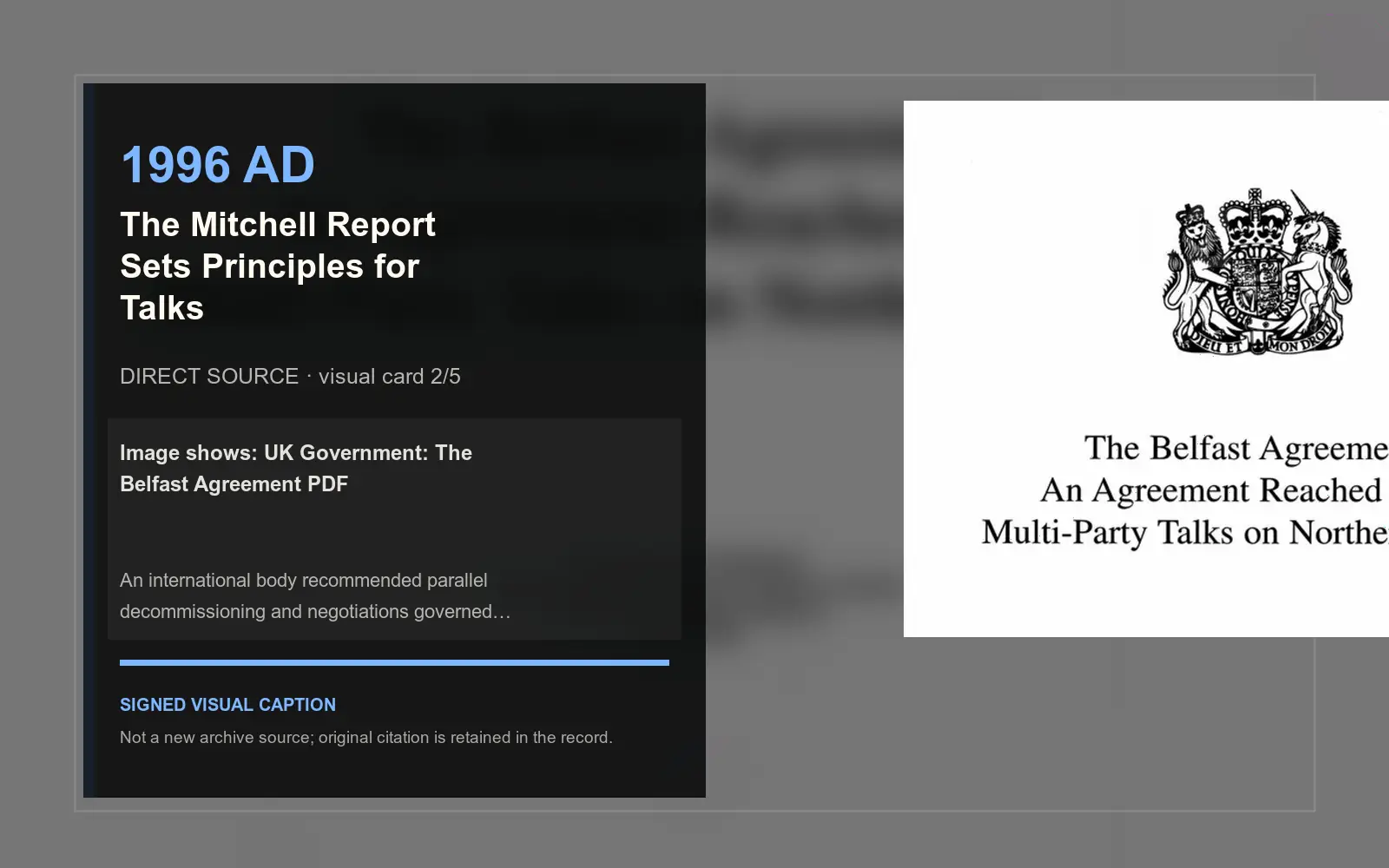 UK Government: The Belfast Agreement PDF — direct archive visual. Event-specific signed card derived from the cited source.