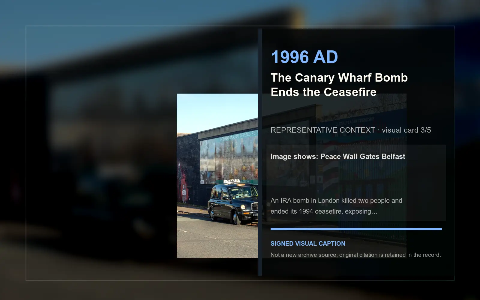 Peace Wall Gates Belfast — representative context visual. Event-specific signed card derived from the cited source.