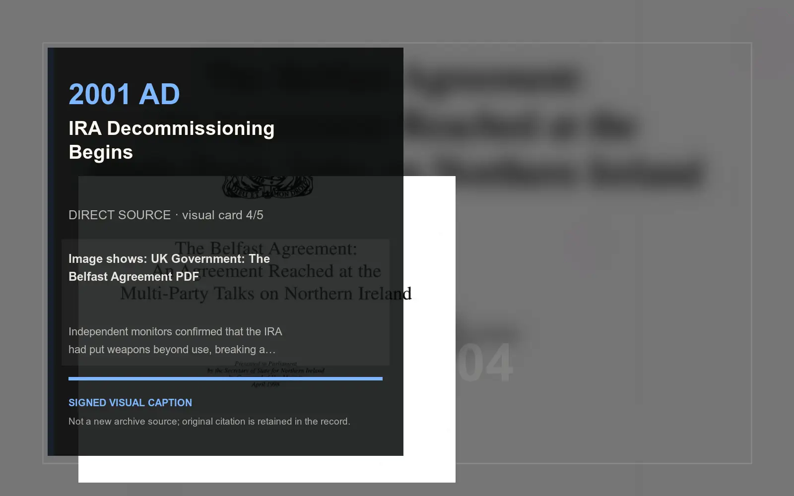 UK Government: The Belfast Agreement PDF — direct archive visual. Event-specific signed card derived from the cited source.