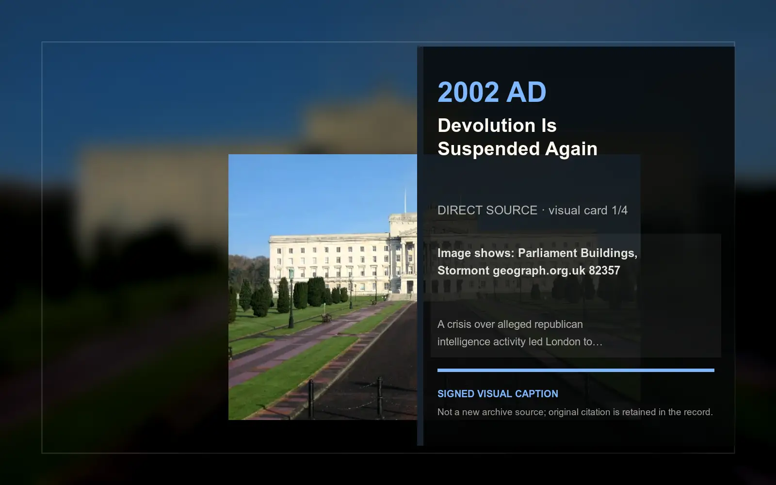 Parliament Buildings, Stormont geograph.org.uk 82357 — direct archive visual. Event-specific signed card derived from the cited source.