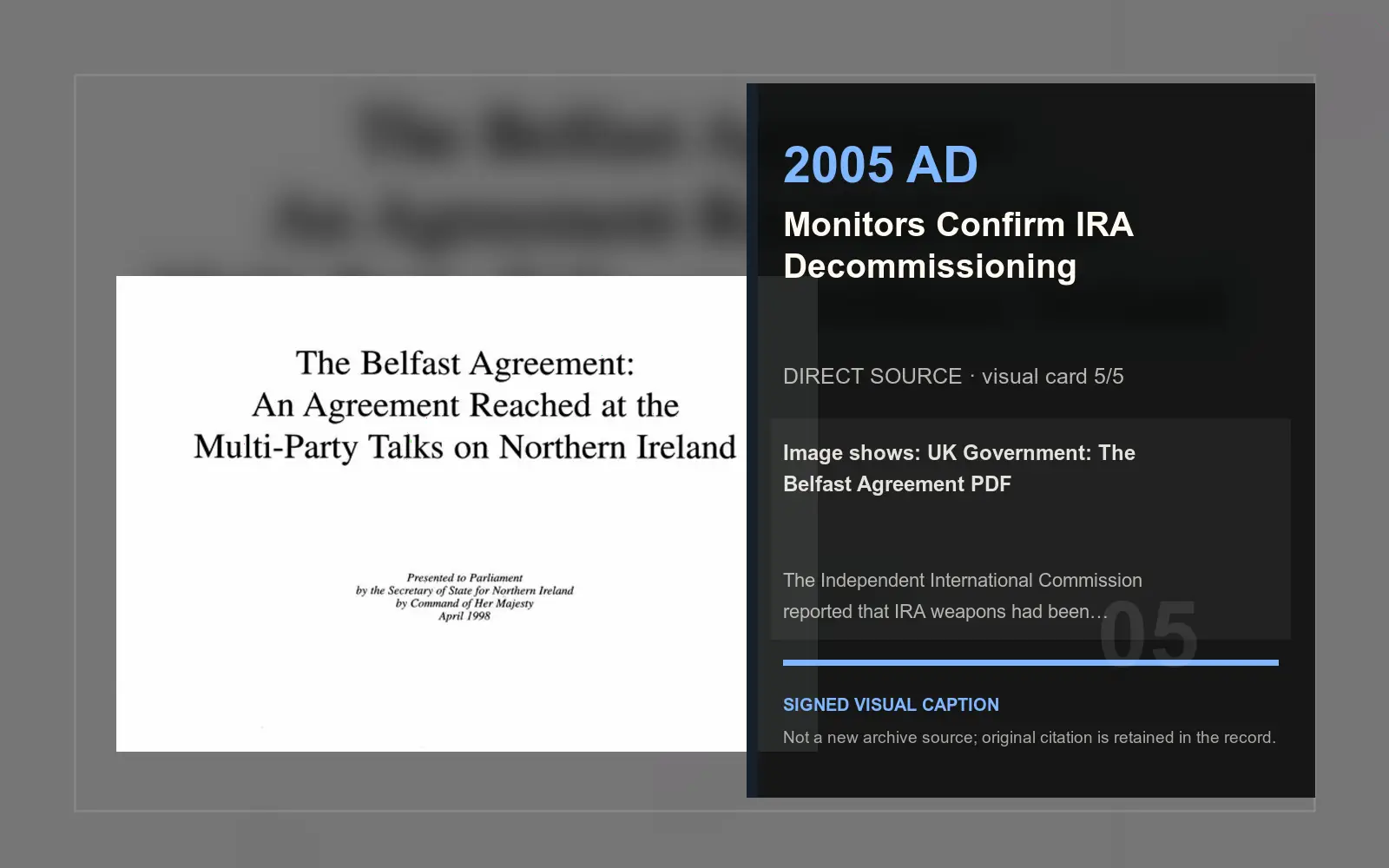 UK Government: The Belfast Agreement PDF — direct archive visual. Event-specific signed card derived from the cited source.