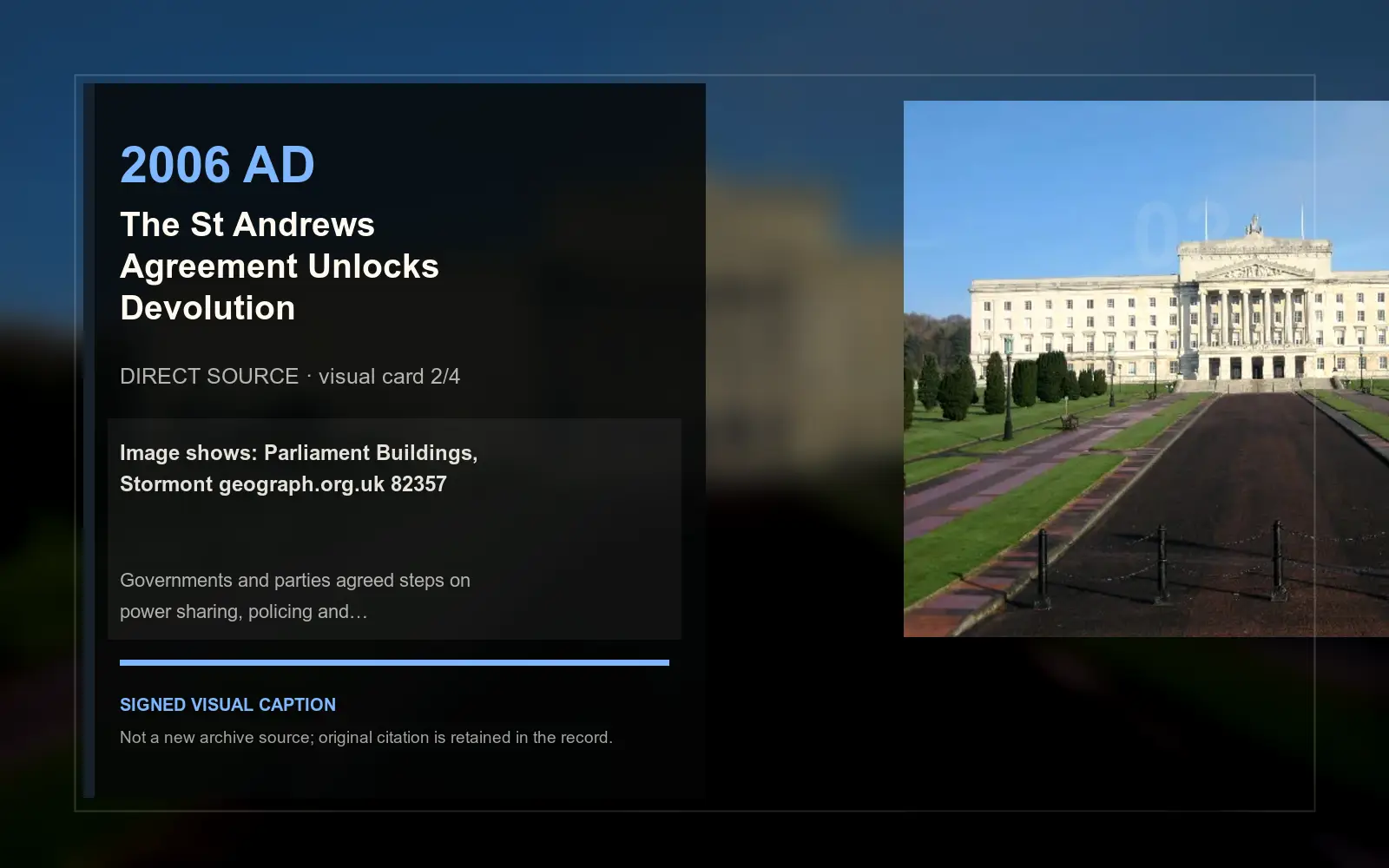 Parliament Buildings, Stormont geograph.org.uk 82357 — direct archive visual. Event-specific signed card derived from the cited source.