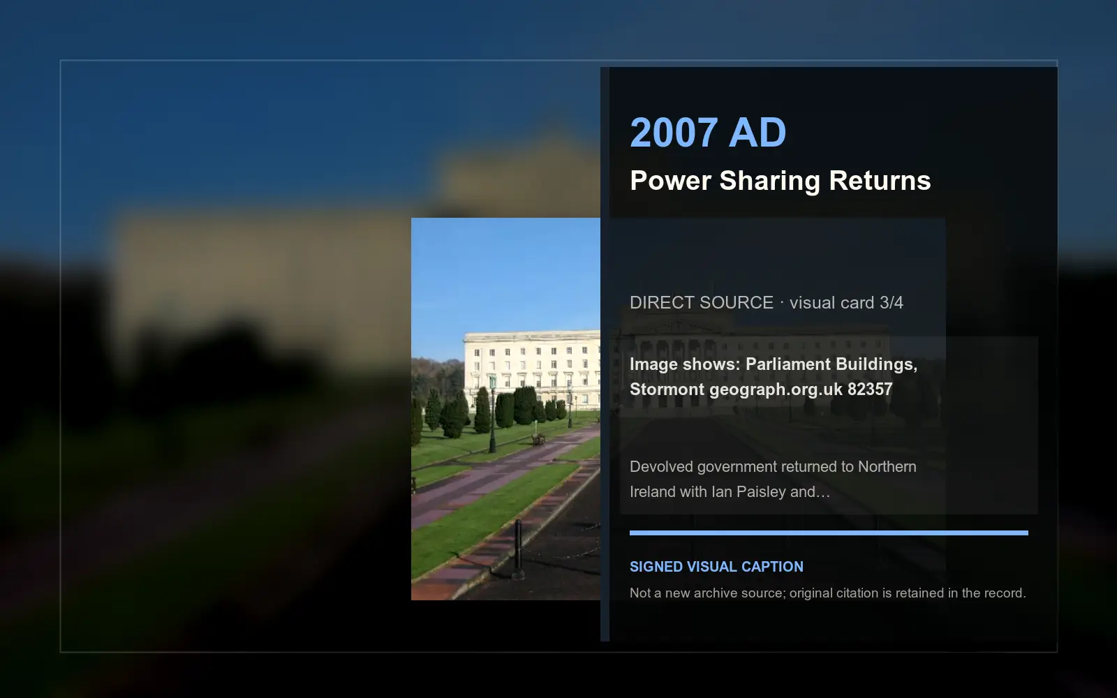 Parliament Buildings, Stormont geograph.org.uk 82357 — direct archive visual. Event-specific signed card derived from the cited source.