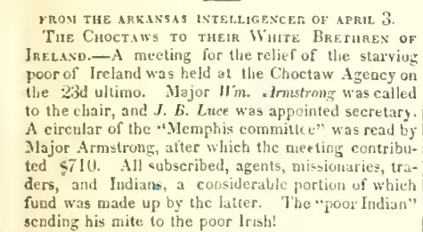NilesRegister Article on the Choctaw Contribution for Irish relief — direct archive visual. Shown from the cited image source.